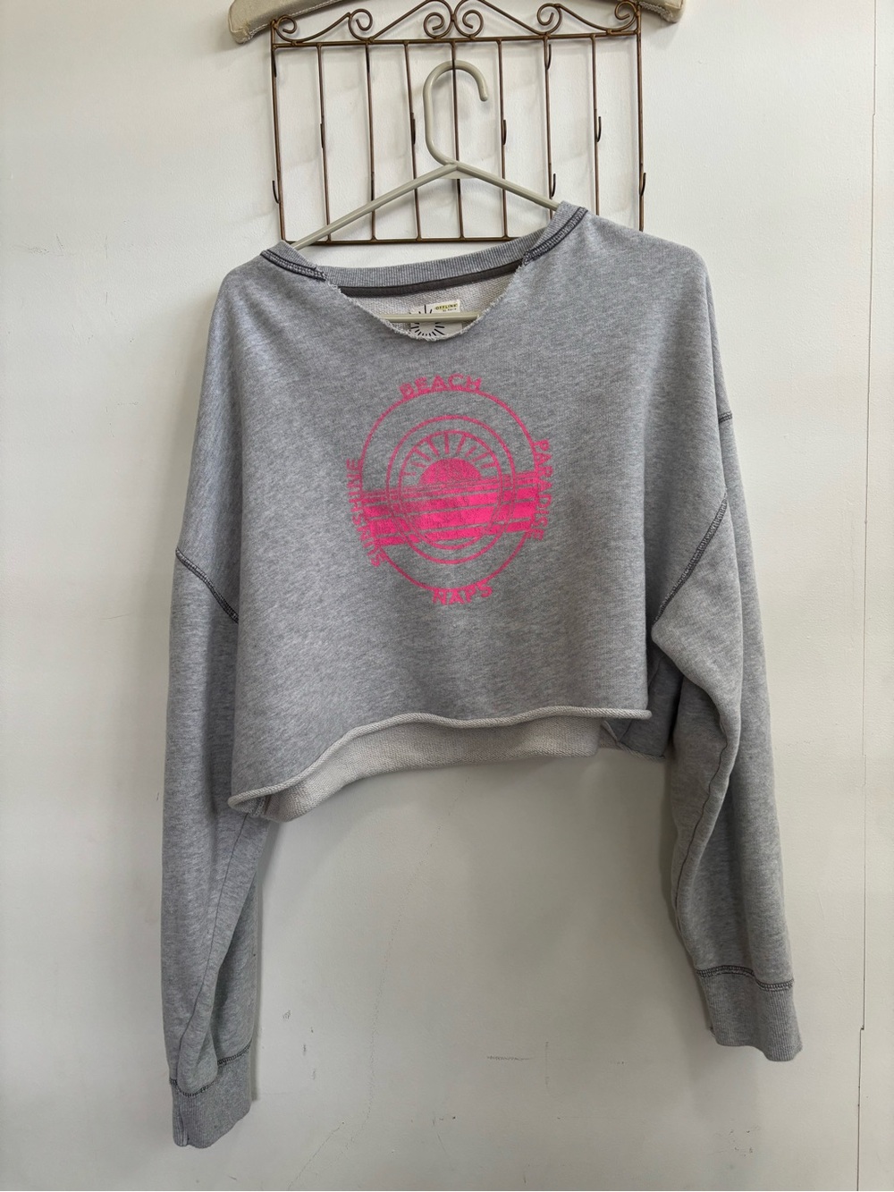 Aerie Beach Party Cropped Grey Sweatshirt with Pink Beach Graphic